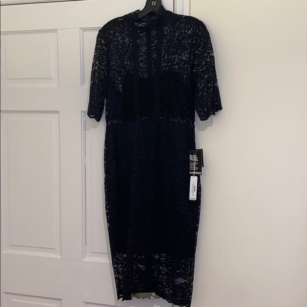 EXPRESS sheer mockneck lace short slv midi dress